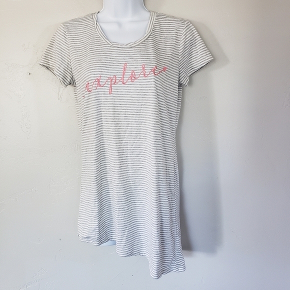 Grey White Striped Short Sleeve Tunic Top Explore - Picture 1 of 7